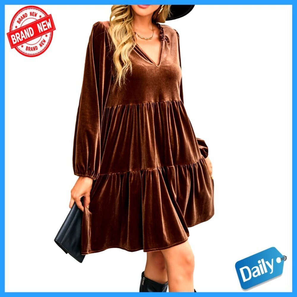 Velvet Tunic Dress Long Sleeve V Neck Tiered Ruffle Mini Casual Loose Fit